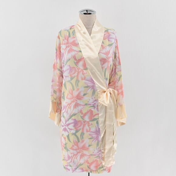 Vtg VICTORIAS SECRET Robe Womens Size OS Gold Label Cream Floral Satin Deadstock - Picture 1 of 13